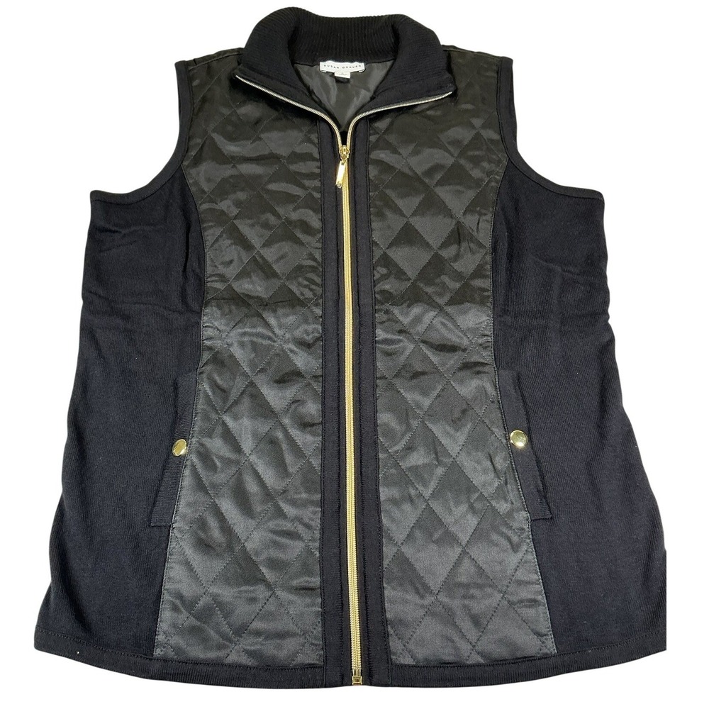 Susan Graver Quilted Vest Women Small Black Gold Zip Pockets Knit Panels‎ NWT